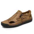 Classic brown genuine leather men's slip-on loafers with side zipper and cutout details - Khaki