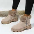 Bottes de neige beiges chaudes pour femmes avec doublure en fausse fourrure et zip - Kaki