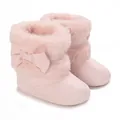 Detailed view of pink baby boots with plush faux fur collar and cute bow accent - Pink