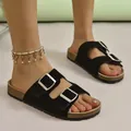 Vintage black double buckle platform slides sandals for women summer beach vacation - 35 / Black