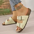 Beige double buckle platform sandals with cork sole for summer casual wear - Milky White