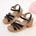 Elegant black women's braided platform sandals with thick heels and adjustable ankle straps - 36 / Black