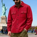 Detail view of a red heavy-duty fleece-lined men's outdoor work jacket with double pockets - Red