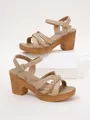 Beige chunky heel sandals with braided straps and ankle buckle closure for women - 36 / Cross Strap Style / Camel