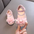 Elegant pink girls princess Mary Jane shoes with rhinestones and floral decoration - 21 / Pink