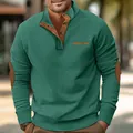Detail of men's teal sweatshirt with brown corduroy patches and button stand collar - 5XL / Tops / Fruit Green
