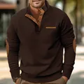 Close-up detail of a men's brown ribbed long sleeve henley shirt featuring stylish elbow patches - 5XL / Tops / Coffee