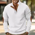 Detail view of a white ribbed corduroy sweatshirt with brown elbow patches and buttons. - S / Tops / White