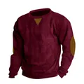 Detail view of men's burgundy corduroy sweatshirt featuring brown elbow patches. - S / Tops / Burgundy