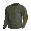 Macro detail of men's olive green corduroy sweatshirt showing texture and elbow patches detail. - S / Tops / Army Green