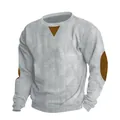Detailed close-up of men's gray ribbed corduroy sweatshirt featuring brown elbow patches - S / Tops / Light Gray