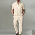 Heren set van gebroken witte wafelbreisel met polo met korte mouwen en lange broek - S / Boven- En Onderstuk / Khaki
