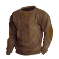 Detailed view of men's brown corduroy sweatshirt with crew neck and elbow patches - Dark Khaki