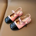 Girls' pink and black patent leather princess sandals with pearl chain detail - Size 27 Inner Length 16.5cm / Pink