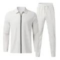 Detailed view of men's white waffle-knit casual two-piece tracksuit with zip-up polo collar - S / Top And Bottom / White