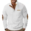 Men's casual white jacquard sweatshirt with stand collar and brown elbow patches - S / Tops / White