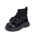 Stivaletti a calzino in vernice nera per bambine con fiocco grande, scarpe autunnali. - Taglia 26/Lunghezza Interna 15.9cm / Nero