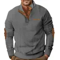 Men's casual grey stand collar jacquard knit pullover featuring brown elbow patches - S / Tops / Dark Gray