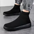 Men's breathable black flyknit high-top sock sneakers featuring thick casual soles - 35 / All Black