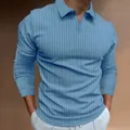 Heren poloshirt met lange mouwen in lichtblauw met geribbelde verticale strepen - Lichtblauw