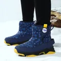 High-top blue children's snow boots with snowflake patterns and warm fleece lining for winter - Dark Blue