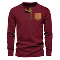 Close-up detail of men's casual burgundy corduroy long sleeve Henley shirt with chest pocket - S / Tops / Burgundy