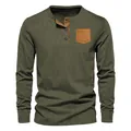 Close-up of men's olive green corduroy Henley shirt with brown patch pocket detail. - S / Tops / Army Green