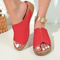 Stylish red wedge platform slides for women featuring white contrast stitching details - Red