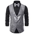Gilet da uomo con paillettes argento e papillon per spettacoli e presentazioni live - Taglia S / Top / Argento