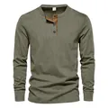 Sweat-shirt côtelé olive pour hommes avec col Henley et manches longues - Vert Militaire