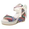 Ethnic style wedge peep toe sandals with vibrant pattern and a large cream satin bow - Red
