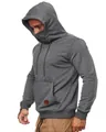 Detail view of dark grey men's tactical hoodie featuring an integrated protective face mask. - M / Tops / Dark Gray