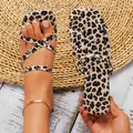 Stylish women's leopard print square toe flat sandals with trendy cross straps - Yellow