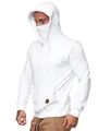 Detail view of a white men's hooded sweatshirt with a built-in face mask design. - M / Tops / White