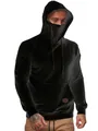 Close-up detail of a black men's hoodie featuring an integrated face mask - M / Tops / Black