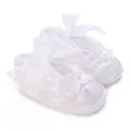 Detailed view of white soft-sole baby baptism shoes with delicate lace and bows. - Inner Length 9cm / K10 White