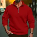 Detailed view of men's red casual stand-up collar zip sweatshirt in loose fit style. - S / Tops / Red