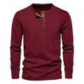 Detailed view of wine red men's ribbed long sleeve slim fit Henley shirt - Burgundy