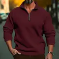 Close-up detail of a men's casual burgundy quarter-zip sweatshirt with stand collar - S / Tops / Burgundy