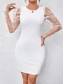 Elegant white slim fit dress detail showing mesh floral embroidered puff sleeves for women - S / Dresses / White