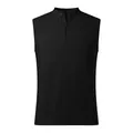 Detailed view of a men's black sleeveless vest with a buttoned Henley placket design - S / Tops / Black