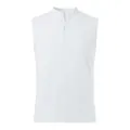 Close-up detail of a men's white sleeveless Henley vest with textured fabric and buttons. - S / Tops / White