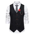 Front view of men's vintage pinstripe casual waistcoat with white shirt and paisley tie. - S / Black