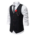 Detailed view of a men's vintage striped waistcoat with red rose brooch and tie - S / Tops / Black