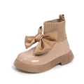 Stivaletto a calza beige per bambina con grande fiocco decorativo e caviglia in maglia - Taglia 26 / Kaki