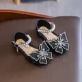 Elegant black sparkly girls princess sandals with rhinestone butterfly and pearl strap - 21 (Internal Length 13.5cm) / Black
