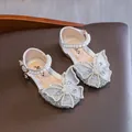 Silver sparkling girl's princess sandals with rhinestone butterfly bow and pearls. - Size 21 (Inner Length 13.5cm) / Silver