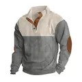 Detail view of men's two-tone corduroy pullover with button collar and elbow patches. - Gray and Apricot