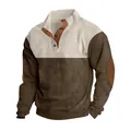 Detail of corduroy color-block sweatshirt with buttoned stand collar and elbow patches - S / Tops / Brown & Apricot
