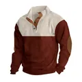 Close-up of men's corduroy color-block mock neck sweatshirt with brown button trim. - S / Tops / Jujube Red and Apricot